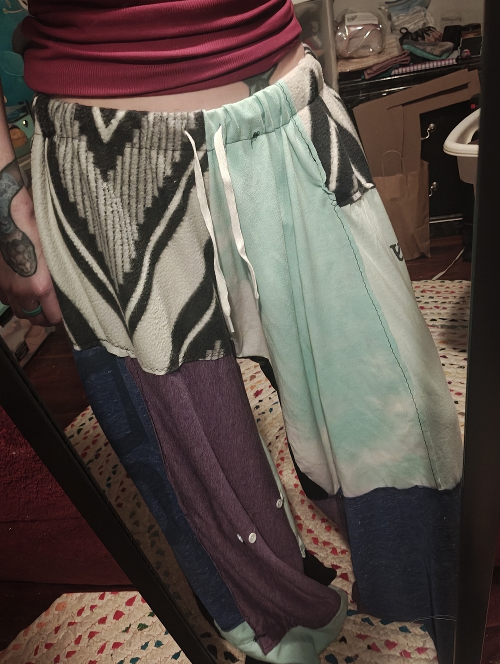 Patchwork Pants Women's Small Multicolor Handmade Boho Baggy Wide Leg Pants